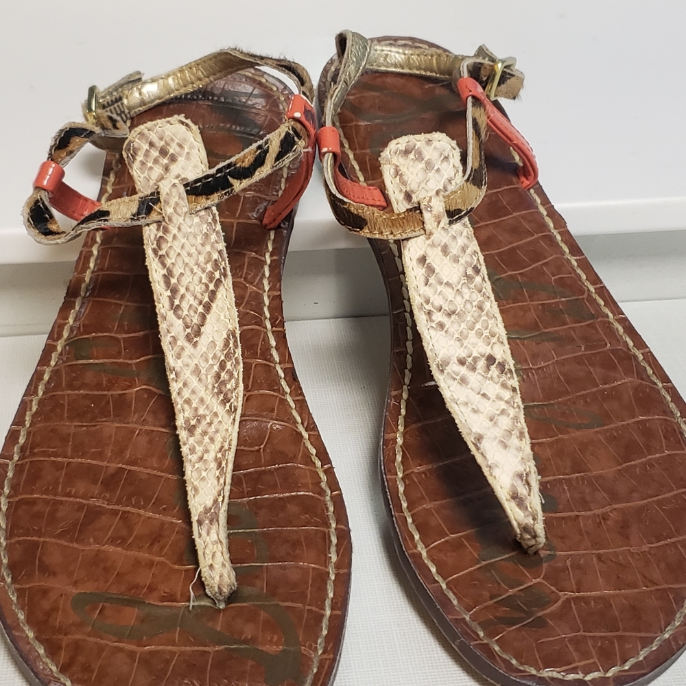 Sam Edelman Gigi Sandals Brown/Orange Snake Print Leather T-Strap Thong …